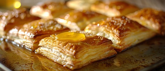 Freshly baked puff pastry squares topped with golden honey, perfect for breakfast or dessert, showcasing a crispy and flaky texture.