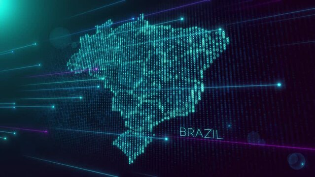 Abstract Futuristic Motion View Blue Violet Shiny Perspective Square Hud Particles Mosaic Grid And Text Of Brazil Region Map With Dotted Lines Light Flare, Seamless Loop