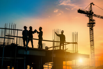 Silhouette of construction workers on the construction site in sunrise