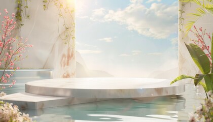 A podium scene featuring water and marble elements in a summer setting, ideal for showcasing beauty products with a nature-inspired backdrop