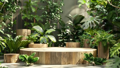 A forest-themed podium with greenery and wood elements, ideal for displaying products in a natural, eco-friendly presentation setup