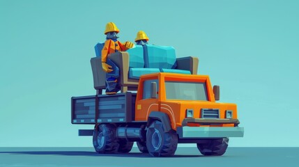 Сargo transportation. Cartoon little men carrying a sofa in a truck.