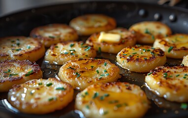 Golden-brown seared scallops garnished with chives in a pan, creating a delicious and mouthwatering seafood dish ready to be served.