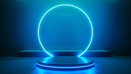 A futuristic 3D podium set against a blue neon circle and holographic screen, ideal for gaming or tech presentations in a virtual reality styled environment