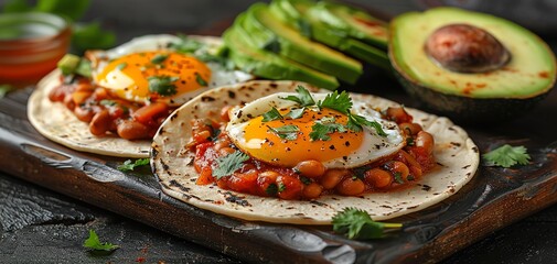 Delicious huevos rancheros with fried eggs, tomatoes, beans, and fresh avocado slices served on a wooden board.