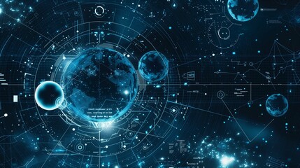 Fototapeta premium Futuristic visualization of Earth with celestial bodies illustration. Advanced space exploration wallpaper scene artwork. Digital interfaces background image digital art concept