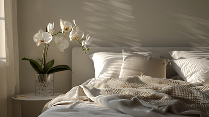 A minimalist bedroom with a touch of luxury. Cashmere throws and silk pillows adorn the perfectly...