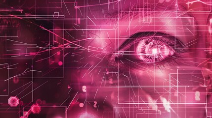 Fototapeta premium Human eye overlaid with vibrant pink tech art digital. Futuristic visualization wallpaper scene artwork. Deep surveillance and data analysis concept background image horizontal