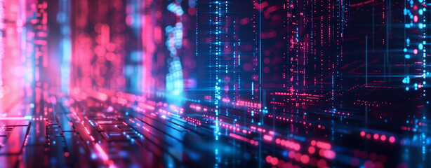 Obraz premium neon glowing lines and data flow against a dark backdrop, accentuated by pink and blue light streaks. The blurred abstract futuristic technology scene highlights dark tones