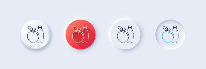 Apple line icon. Neumorphic, Red gradient, 3d pin buttons. Fruit, water bottle sign. Natural food symbol. Line icons. Neumorphic buttons with outline signs. Vector