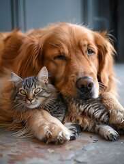 golden retriever dog and cat sitting together, calm and adorable