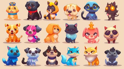 Modern cartoon cats and dogs for design purposes.