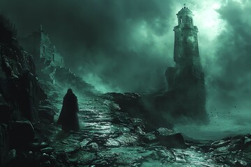 A lone figure walks towards a towering, ominous clock tower in a desolate, mist-shrouded landscape.