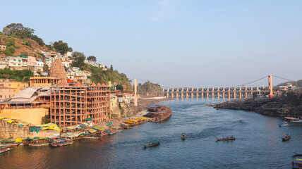 View of Omkareshwar Temple and Narmada River, Omkareshwar, Madhya Pradesh, India.