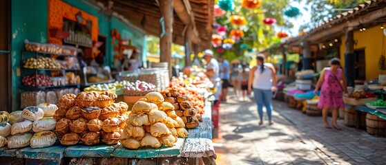 Fototapeta premium Colorful outdoor market with a variety of fresh bread and baked goods, vibrant decorations, and people shopping under sunny weather.