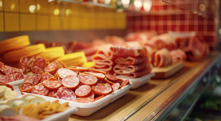 A small selection of lunch meats neatly organized on a table, background is a red and yellow office. Generative AI.