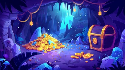 Treasure cave cartoon illustration with gold bars, gems, jewels, and coins. Hidden ancient mine with pirate treasures and gold bars. Gold treasure pile cartoon illustration.