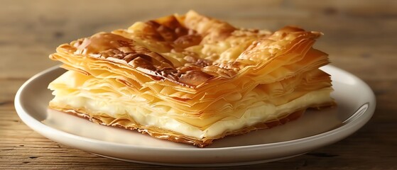 A delicious slice of layered pastry with a golden, crispy top, served on a white plate, perfect for dessert or snack.