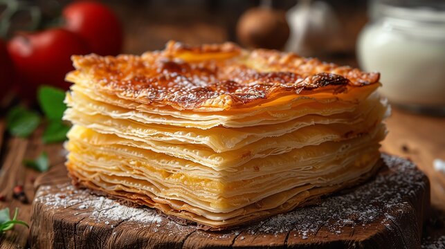 Close-up of delicious, flaky puff pastry layers, beautifully golden and perfect for desserts or savory dishes. Rustic wooden background.