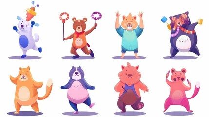 Sport cartoon illustration set with cute pets lifting dumbbells, practicing yoga, running on treadmill, jumping rope, stretching, and doing step-aerobics. Activity concept illustration.