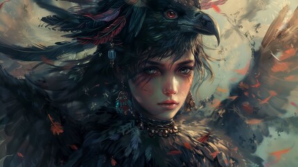 Mystical shaman girl with raven feathers 2D cartoon illustration. Shamanic attire. Female deep, soulful eyes flat image colorful scene horizontal. Enchanting wallpaper background art