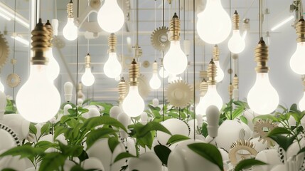 Gears and light bulbs emerging from lush green foliage photo. Bright, innovative atmosphere image background wallpaper. Fusion of nature with technology concept picture realistic