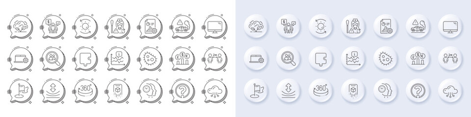 Cloud computing, Puzzle and Exhaust line icons. White pin 3d buttons, chat bubbles icons. Pack of Bacteria, Milestone, Report icon. Nurse, Teamwork, Time management pictogram. Vector