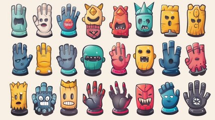 Modern illustration with retro cartoon funny comic characters in gloved hands. Contemporary mascots with cute comic faces.