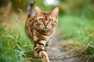 Obraz premium Agile Bengal cat forest pet. Kitty closeup. Generate Ai