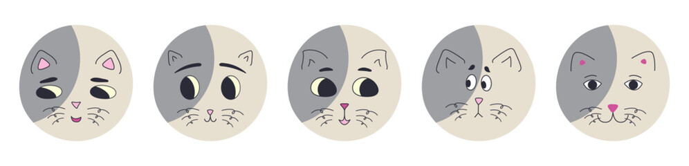 Different avatars, black eyes cats. Flat cartoon characters, diverse mood, feline face. Funny rounded kitty muzzle.