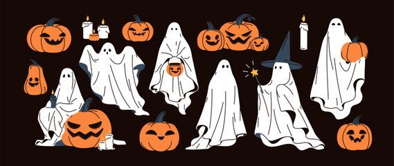 Halloween ghosts and pumpkins set. Boo characters, spooky scary silhouettes in sheets, eerie faces. Creepy spooks, horror shadows. October holiday spirits. Isolated flat graphic vector illustrations