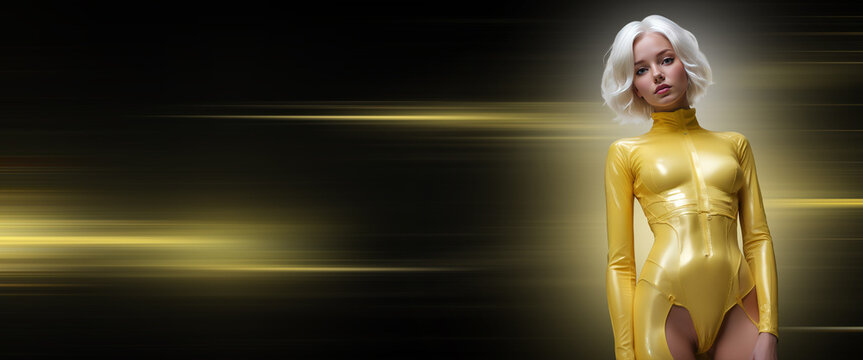 Beautiful young woman in latex BDSM costume. Dominance concept for sex shop. Female domination in sex. Powerful dominatrix in yellow costume + white hair on copy space background. BDSM party image