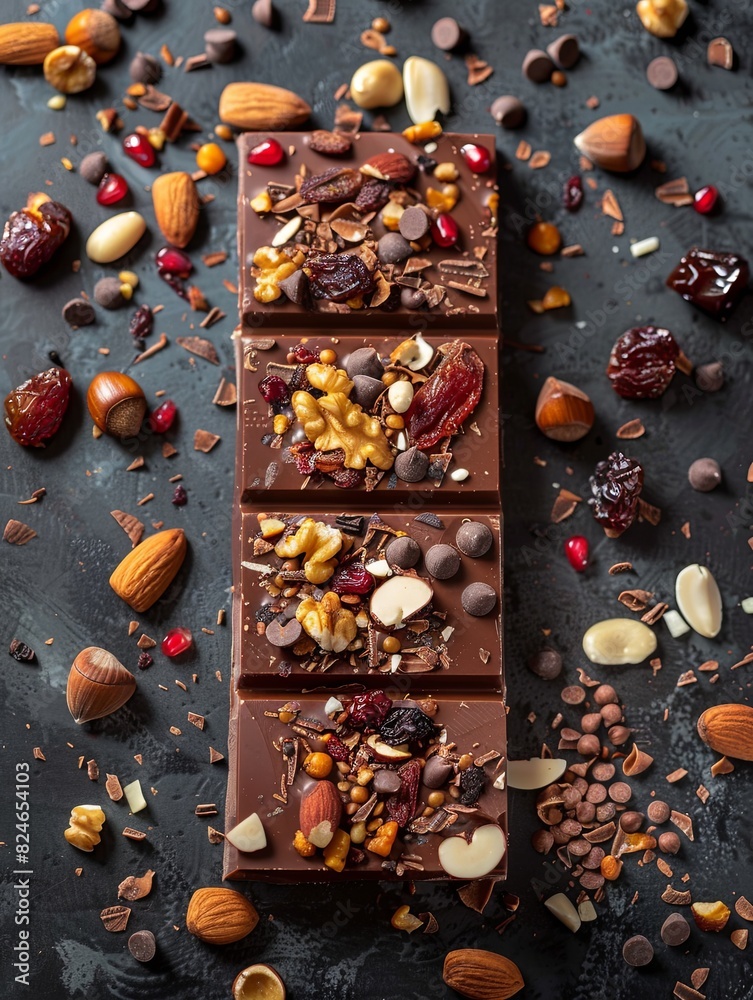 Poster a close-up of a chocolate bar adorned with nuts and cranberries, showcasing rich textures and natura