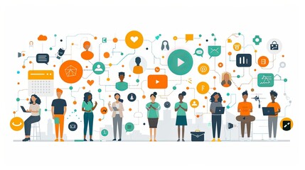 Obraz premium Social media concept illustrations. Set of people vector illustrations in various activities of social network, digital marketing, online communication, internet services
