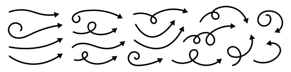 Collection of curved arrows. Set simple curved hand drawn arrows. Collection of pointers.