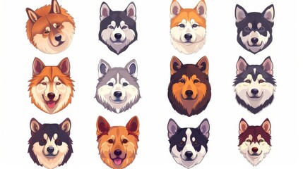 Different breeds of dogs are isolated on a white background, with different heads of each