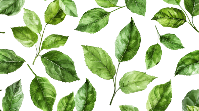 Green leaves with a white background create a vibrant and fresh botanical pattern