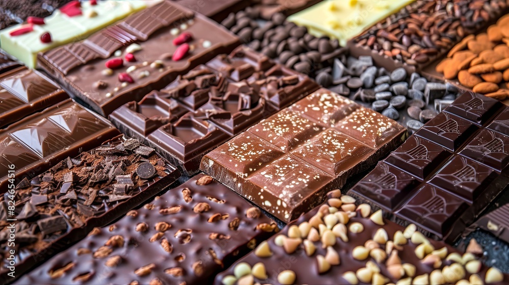 Poster Assorted chocolate bars in rich colors and flavors, neatly arranged for a close-up view. Generative AI