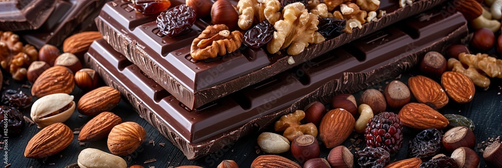 Poster assortment of chocolate bars coated with nuts and dried fruits, showcasing a blend of textures and f