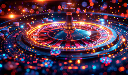 A colorful, glowing roulette wheel with a black and gold figure on top. The wheel is surrounded by a lot of bright lights