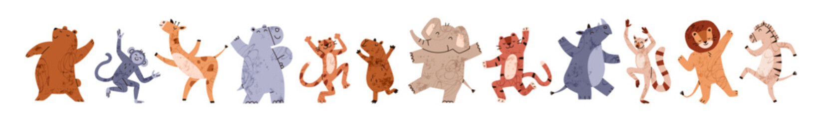 Cute animals dancing set. Funny forest and jungle baby characters having fun. Happy bear, cat, elephant, giraffe, lion and tiger dancers. Kids flat vector illustration isolated on white background © Good Studio