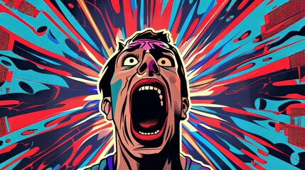 This modern poster design illustration features a terrified man screaming in fear in a Pop Art style.