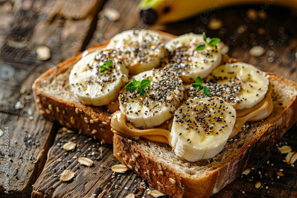 Sticker On a wooden table, toast whole wheat bread and top it with peanut butter, banana slices, and a sprinkle of chia seeds