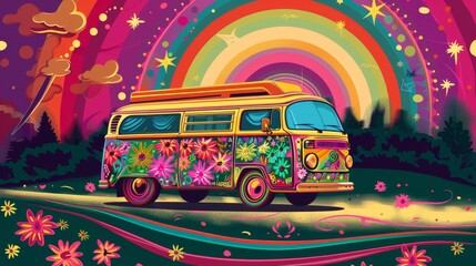 Fototapeta premium Modern Illustration of psychedelic cartoons on hippie 70s posters