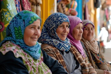Fototapeta premium Artistic Berbers women from morocco. Moroccan nomad women with headscarf cloth. Generate ai