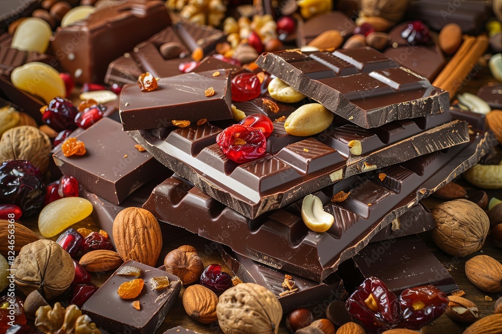Poster a mound of chocolate bars adorned with nuts and cranberries, showcasing rich textures and natural in
