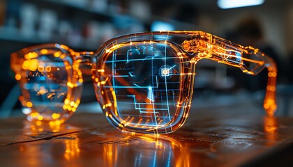 Closeup of transparent eyeglasses with glowing orange digital pattern.