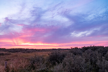 The photograph captures a stunning sunset over a heathland, where the sky is painted with a...