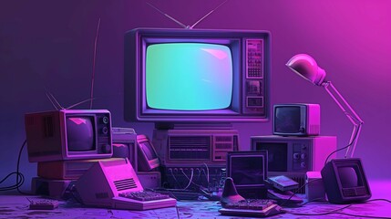 Collection of vintage electronic devices image. Old computers and TV set, illuminated by purple...