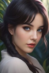 Fototapeta premium Close-up of a beautiful woman with long brunette hair, natural makeup, and a captivating smile